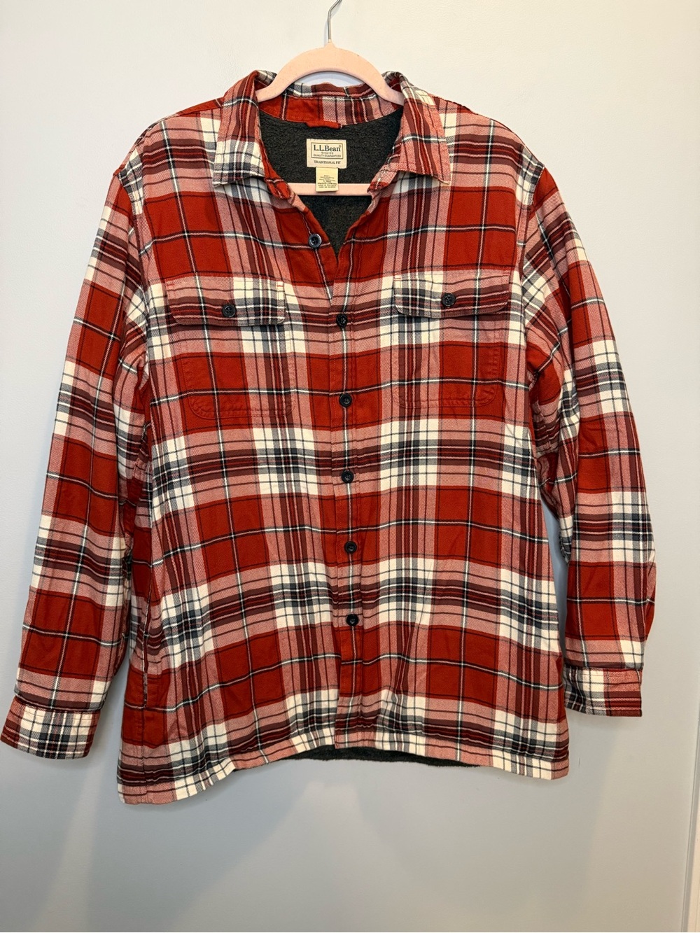 LL Bean Men's Fleece Lined Plaid Flannel Shacket Red Cream Lumberjack Large